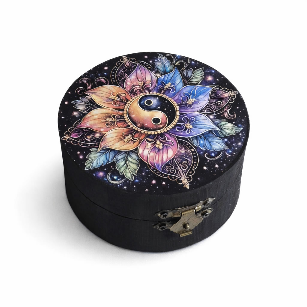 Cutie rotunda din lemn ying yang si mandala