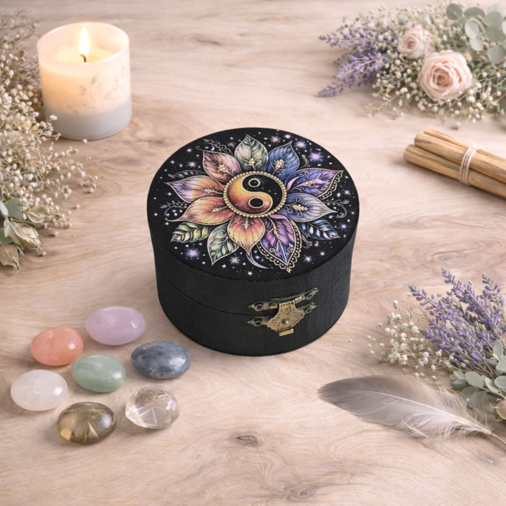 Cutie rotunda din lemn ying yang si mandala