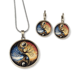 Set bijuterii Yin Yang si Copacul Vietii argintiu cu cabochon de sticla